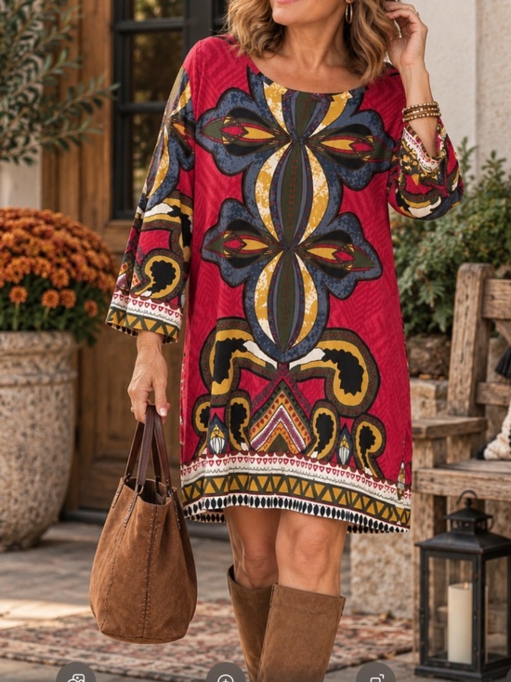 Multiples Red Patterned Long Sleeve Shift Boho Artsy  Dress xlg